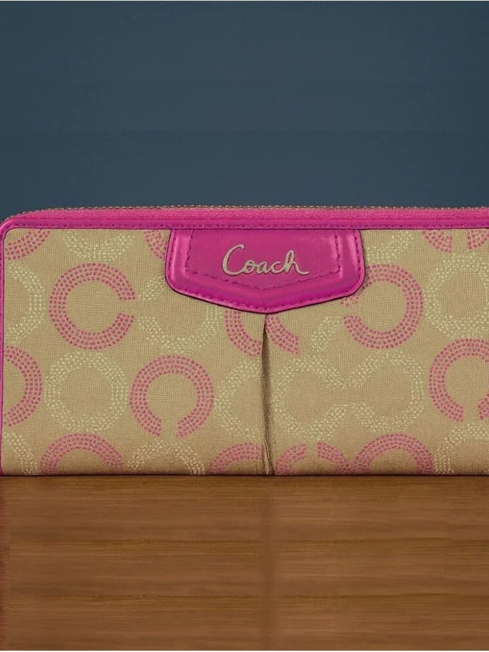 Coach Ashley Dotted Op Art Wallet – Pink/Tan Zip Around